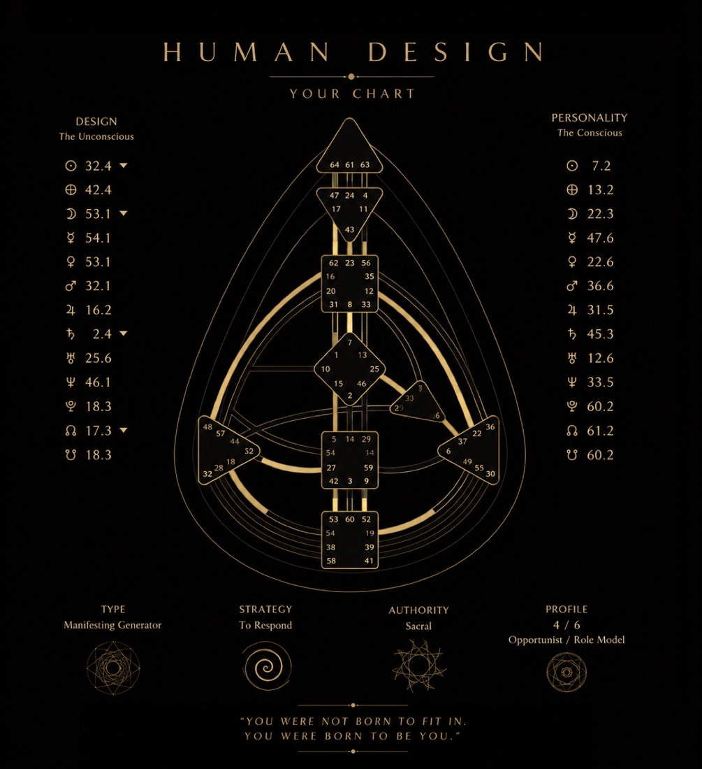 A Human Design chart, showing the nine centres, the Design and Personality activations, and the type, strategy, authority and profile summary